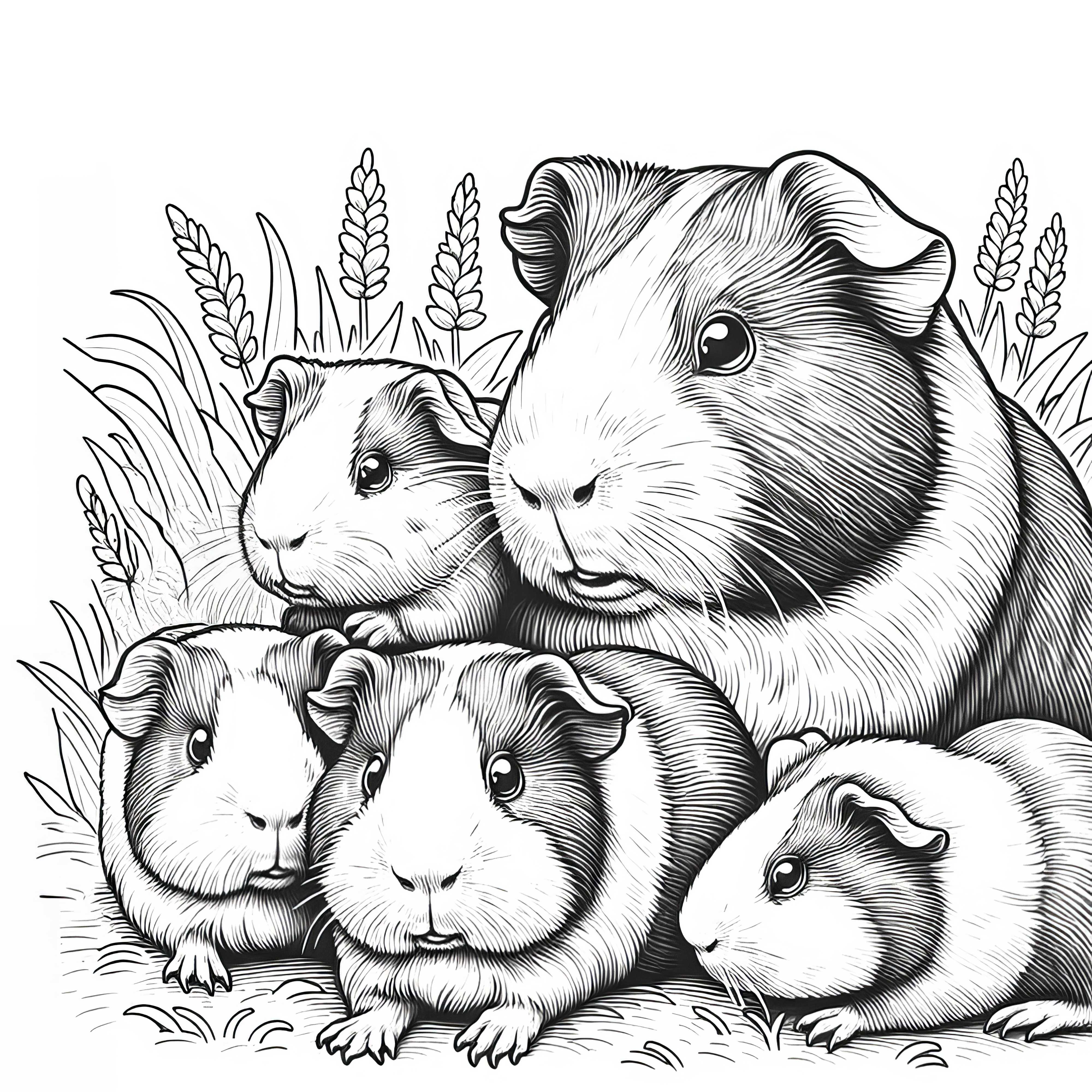 Famille de cochons d'Inde dans l'herbe : image à colorier à télécharger (gratuite)