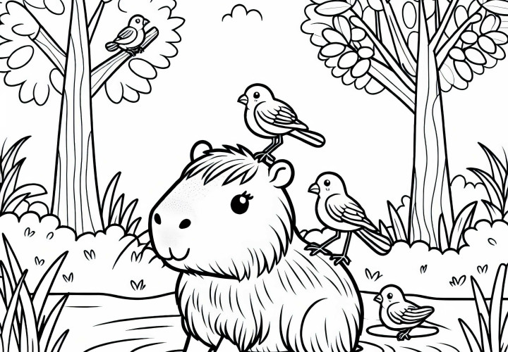 Capybara relaxes in the pond, birds are sitting on its back - free coloring page