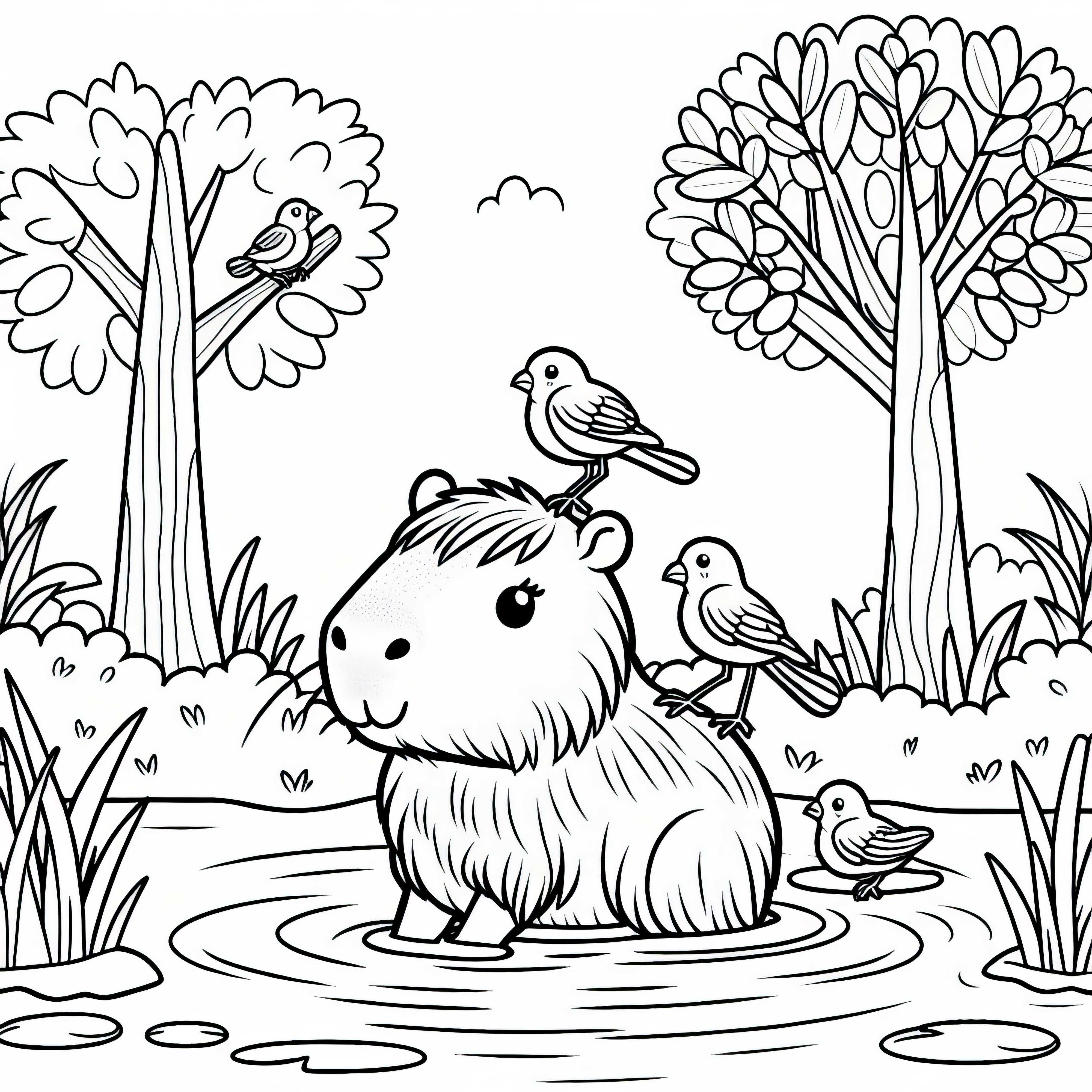 A vízidisznó lazán fürdik a tóban, madarak ülnek a hátán – ingyenes kifestő A vízidisznó nyugodtan fürdik a tóban, a madarak a hátán ülnek – Ingyenes színező kép