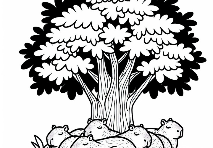 A group of capybaras is resting in the shade of a tree - free coloring page