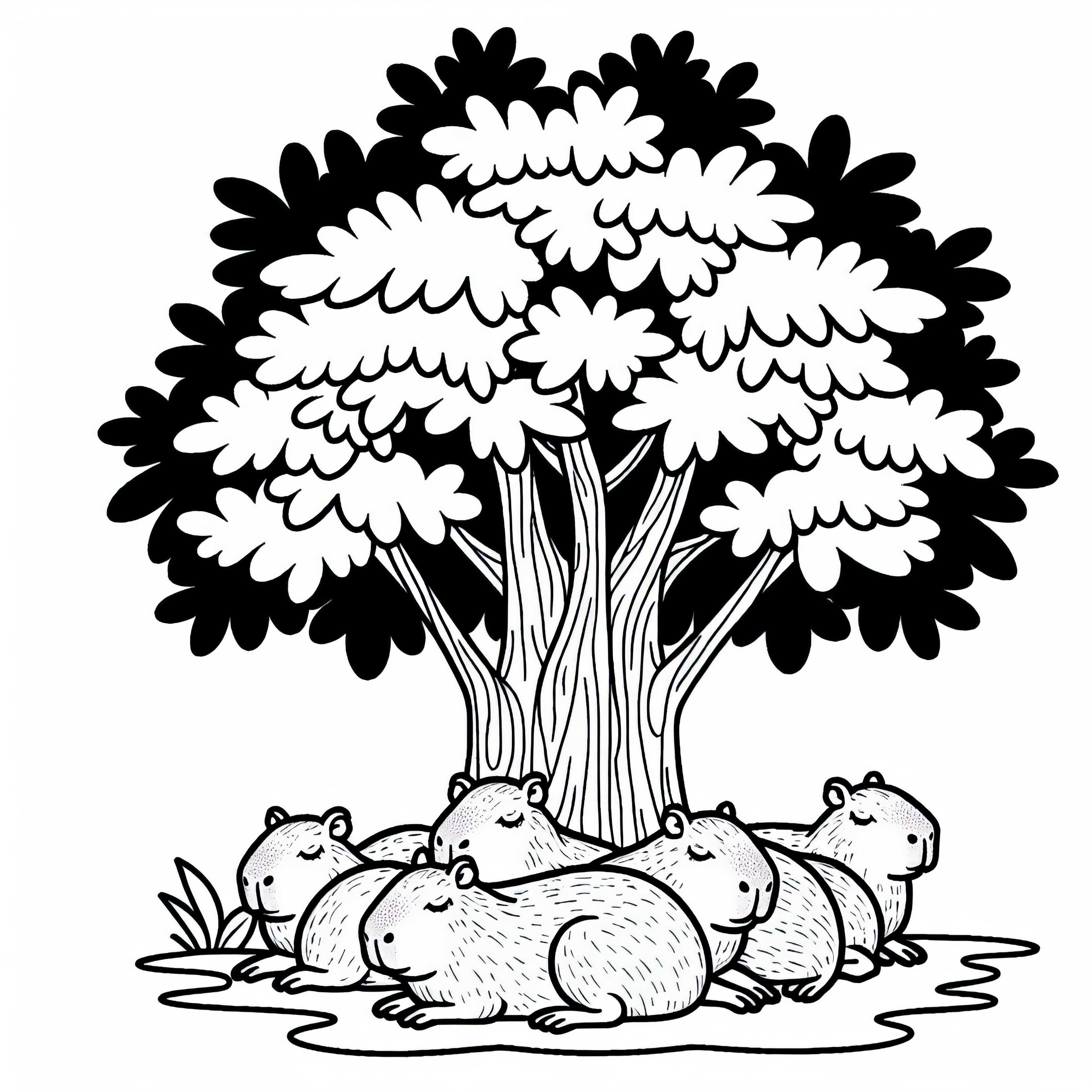 A group of capybaras resting in the shade of a tree - Free coloring page