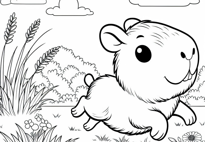 A young capybara playfully runs through the grass - coloring page simple and free