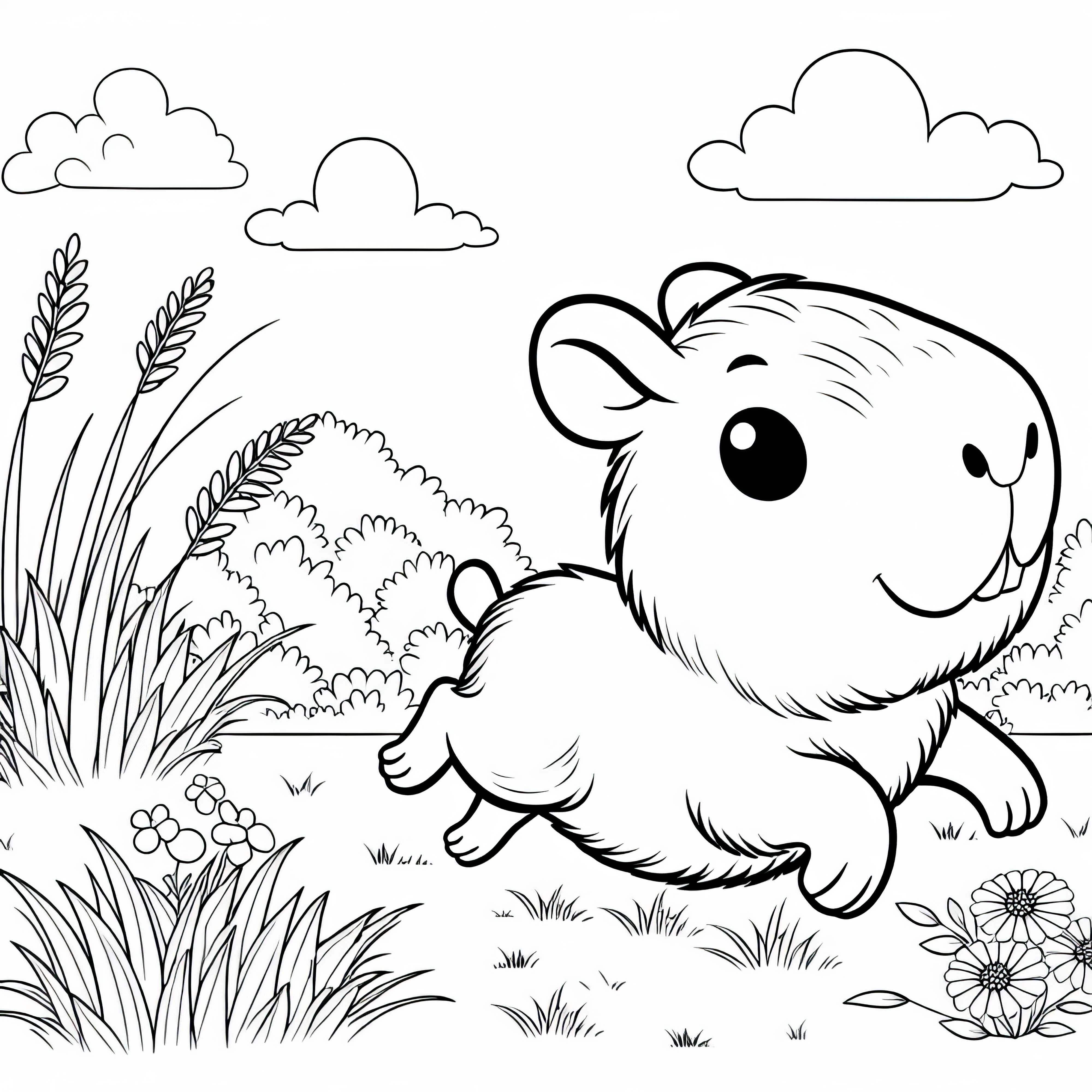 Young capybara playfully runs through the grass - Coloring page simple free Young capybara playfully runs through the grass - coloring page free and easy