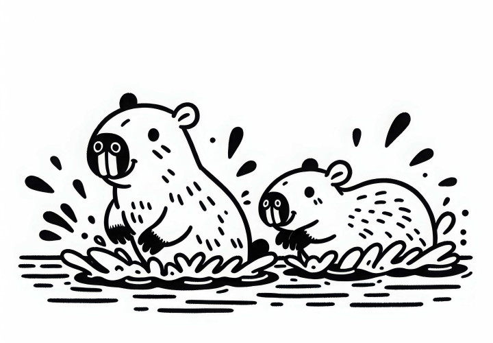 Two capybaras are playing together in the water - Free coloring page