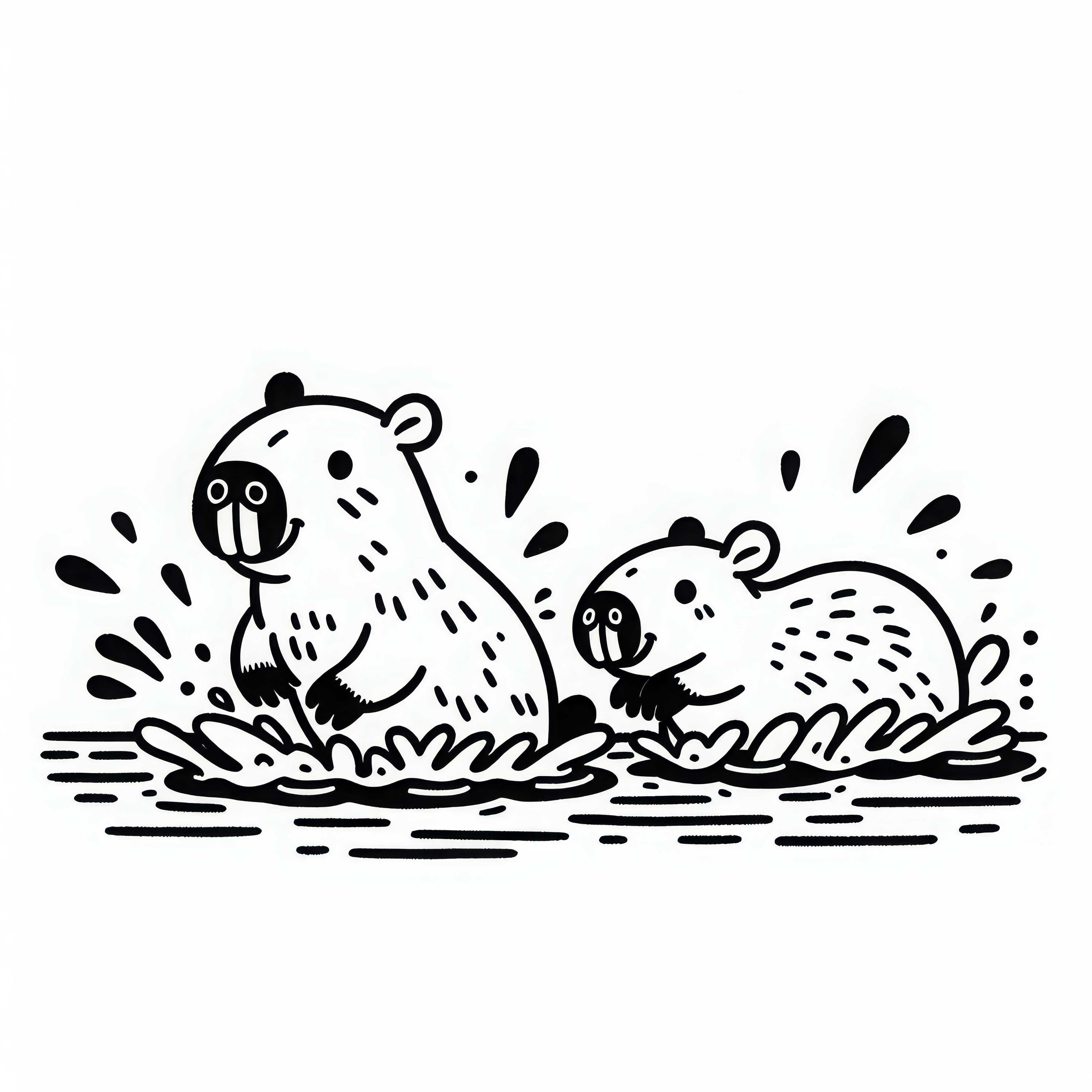 2匹のカピバラが水の中で遊んでいる – 無料塗り絵
