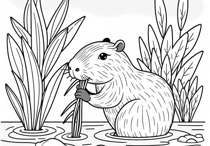 Capybara nibbles on water plant - free coloring page