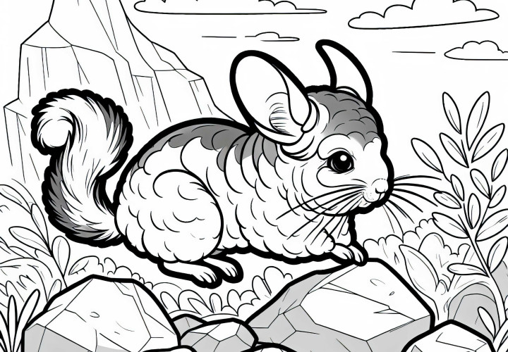 Chinchilla hops quickly over rocks and stones – Free coloring page
