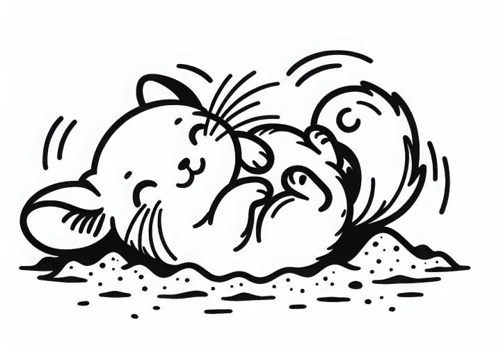 Шиншилла катится в песке, чтобы очистить свою шерсть - раскраска просто бесплатно