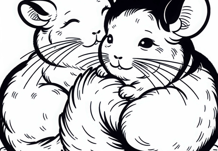 Zwei Chinchillas kuscheln sich eng aneinander – Malvorlage gratis