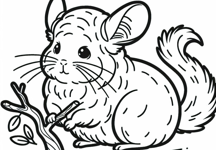 Chinchilla stojí na zadních nohách a kousá do větvičky – omalovánka zdarma