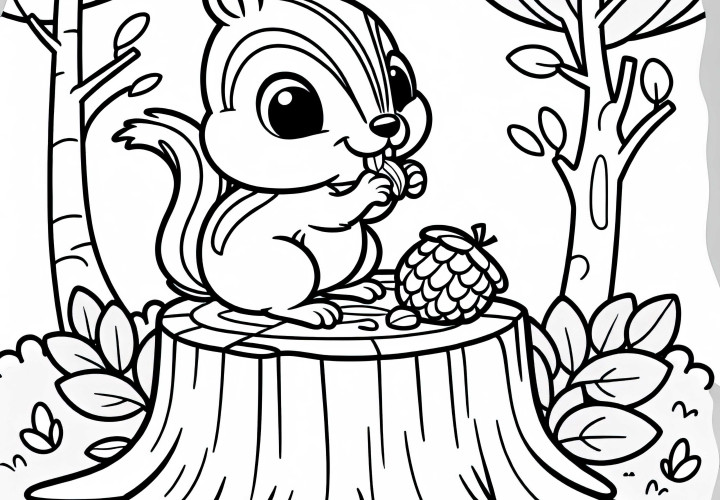 Chipmunk sitting on a tree stump – Easy coloring page for free