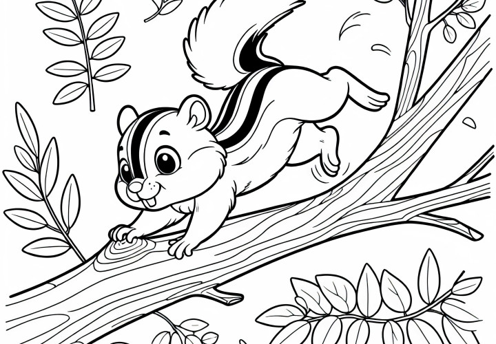 Chipmunk dashes quickly over a branch - Free coloring page