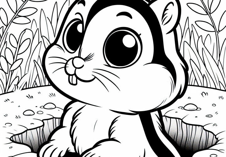 Curious squirrel peeking out of a burrow - free coloring template