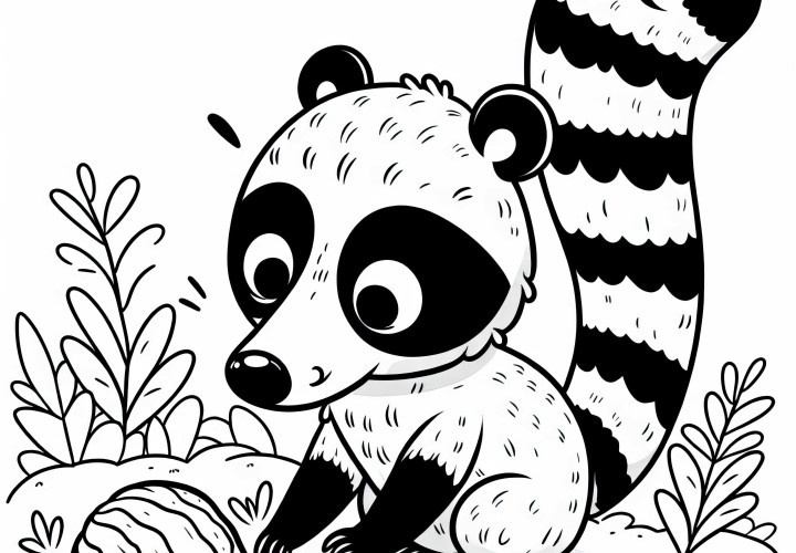 Nosní mýval si hraje s kouskem ovoce – Bezplatný obrázek k vybarvení