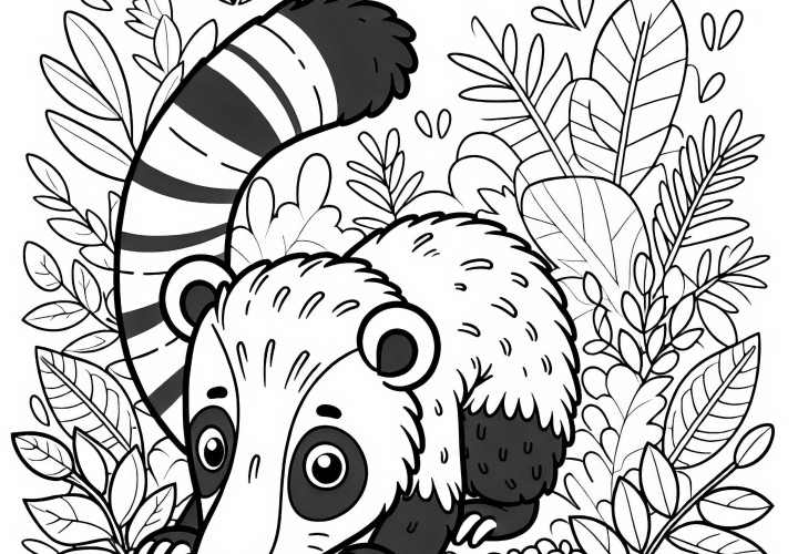 Medvěd nosatý hledá potravu v listí – Malovací šablona zdarma