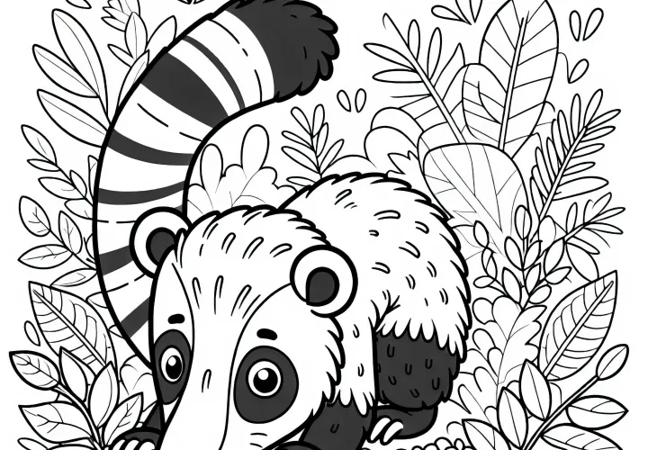 Nasenbjørn leter etter mat i lauvet – gratis fargeleggingsmal