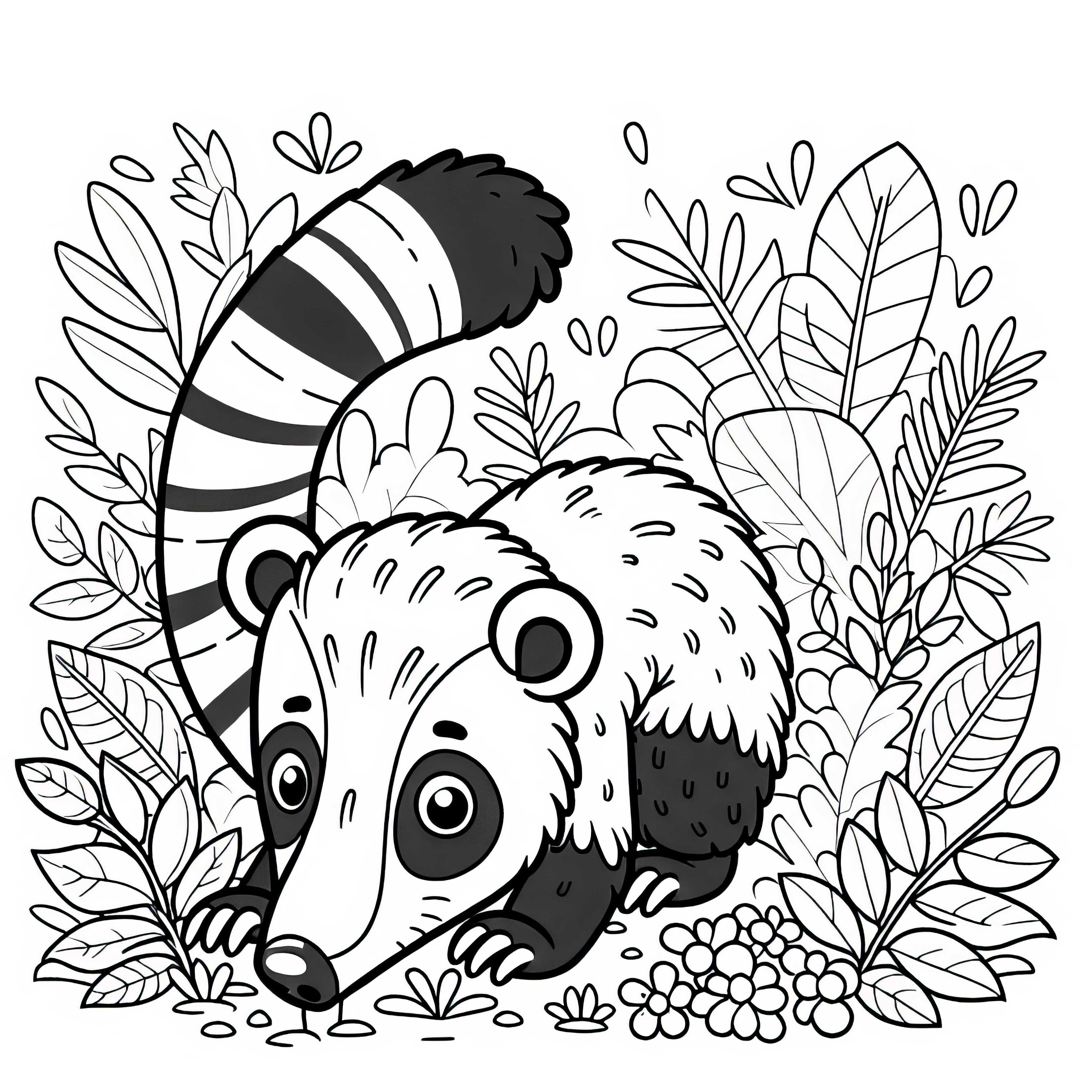 Coati searches for food in the foliage - Free coloring page Coati searches for food in the leaves – Free coloring page