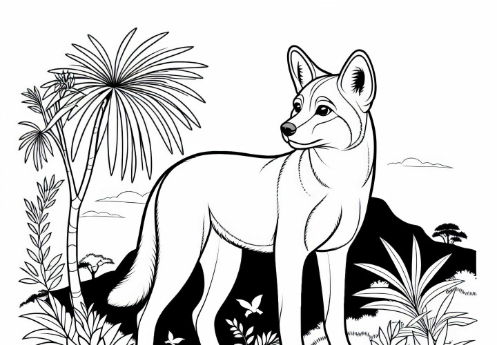 Dingo står på steiner og ser ut i det fjerne – Fargelegg bilde gratis Dingo står på Fjellet og ser ut i det fjerne – Gratis fargeleggingsbilde