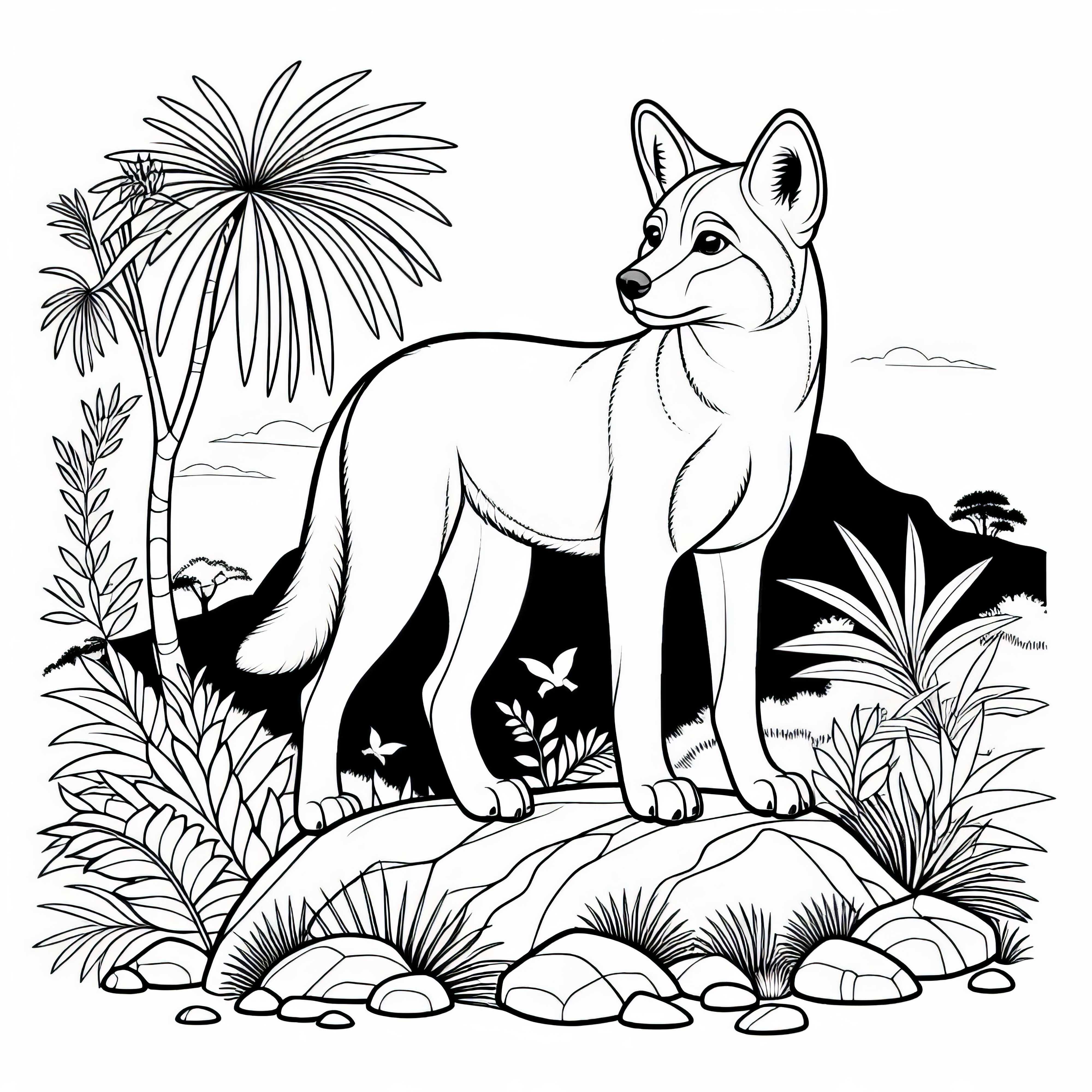 Dingo står på steiner og ser utover – Gratis fargeleggingsbilde Dingo står på steiner og ser ut i det fjerne – Fargeleggingsbilde gratis