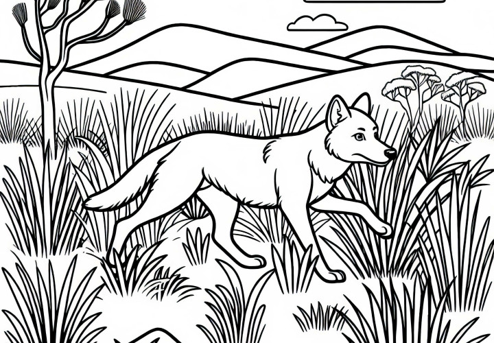 Dingo jakter gjennom det høye gresset i den australske savannen - Fargeleggingsmal gratis Dingo jakter gjennom det høye gresset i den australske Savannen - Fargeleggingsmal gratis
