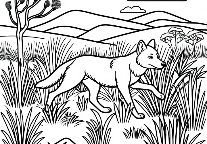 Динго охотится сквозь высокую траву австралийской саванны – раскраска бесплатно