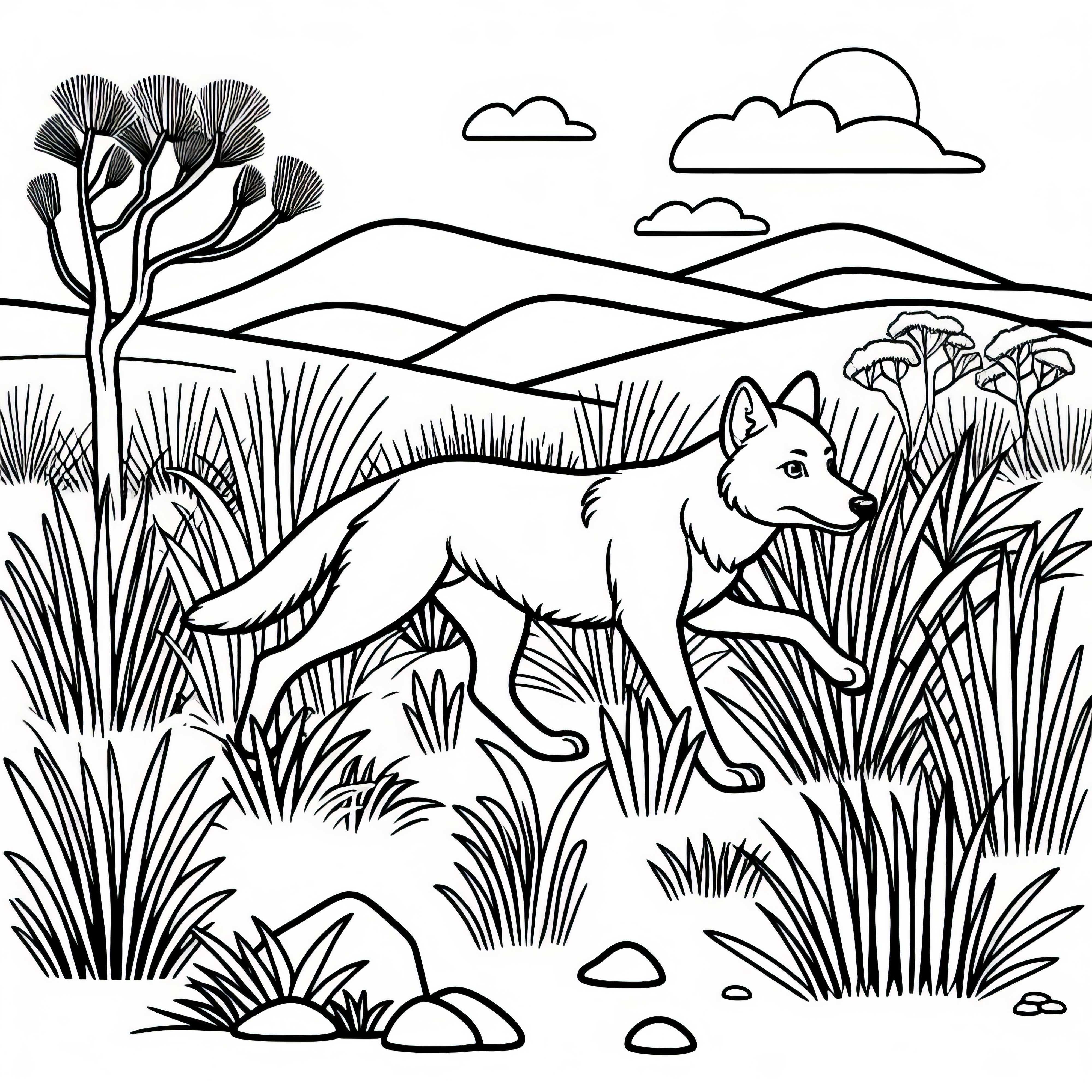 Dingo jakter gjennom det høye gresset i den australske savannen – gratis fargeleggingsmal Dingo jakter gjennom det høye gresset i den australske savannen – Malerark gratis