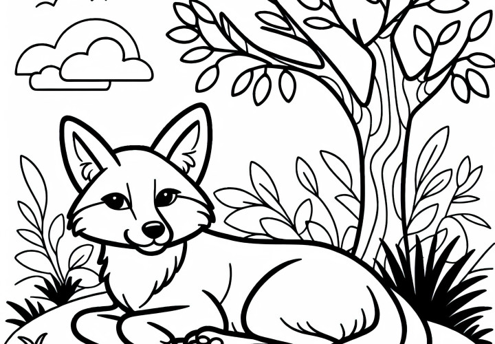 Dingo hviler seg i skyggen av et tre – Fargeleggingsmal for enkel gratisbruk Dingo hviler i skyggen av et tre – Fargelag med enkle gratis mønstre