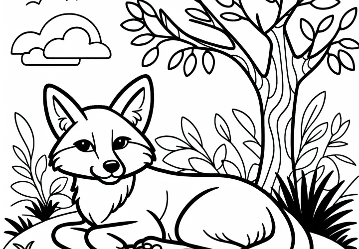 Динго отдыхает в тени дерева – раскраска проста и бесплатно