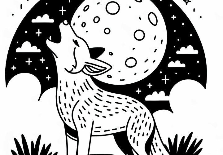 Dingo uler under månen – Malebok gratis Dingo uler under månen – Fargelegging bilde gratis