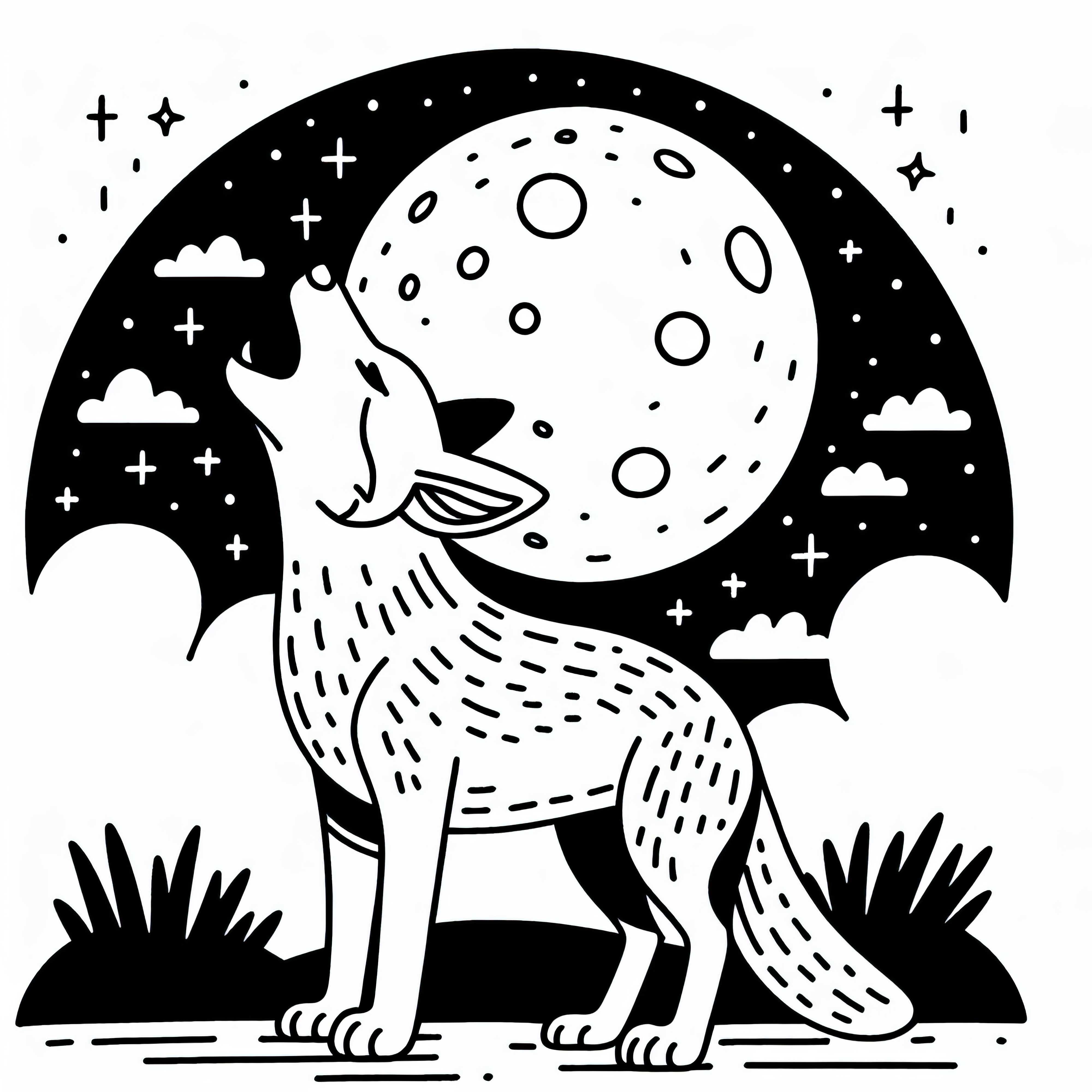 Dingo uler under månen – Malebilde gratis Dingo uler under månen – Fargeleggingsbilde gratis