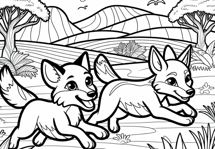 To hunder løper gjennom landskapet – Fargelegging bilde gratis To forskjellige dingoser løper gjennom landskapet – Gratis fargeleggbilde