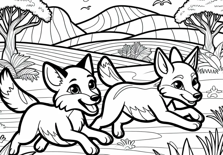 Два динга бегут по местности – Раскраска бесплатно