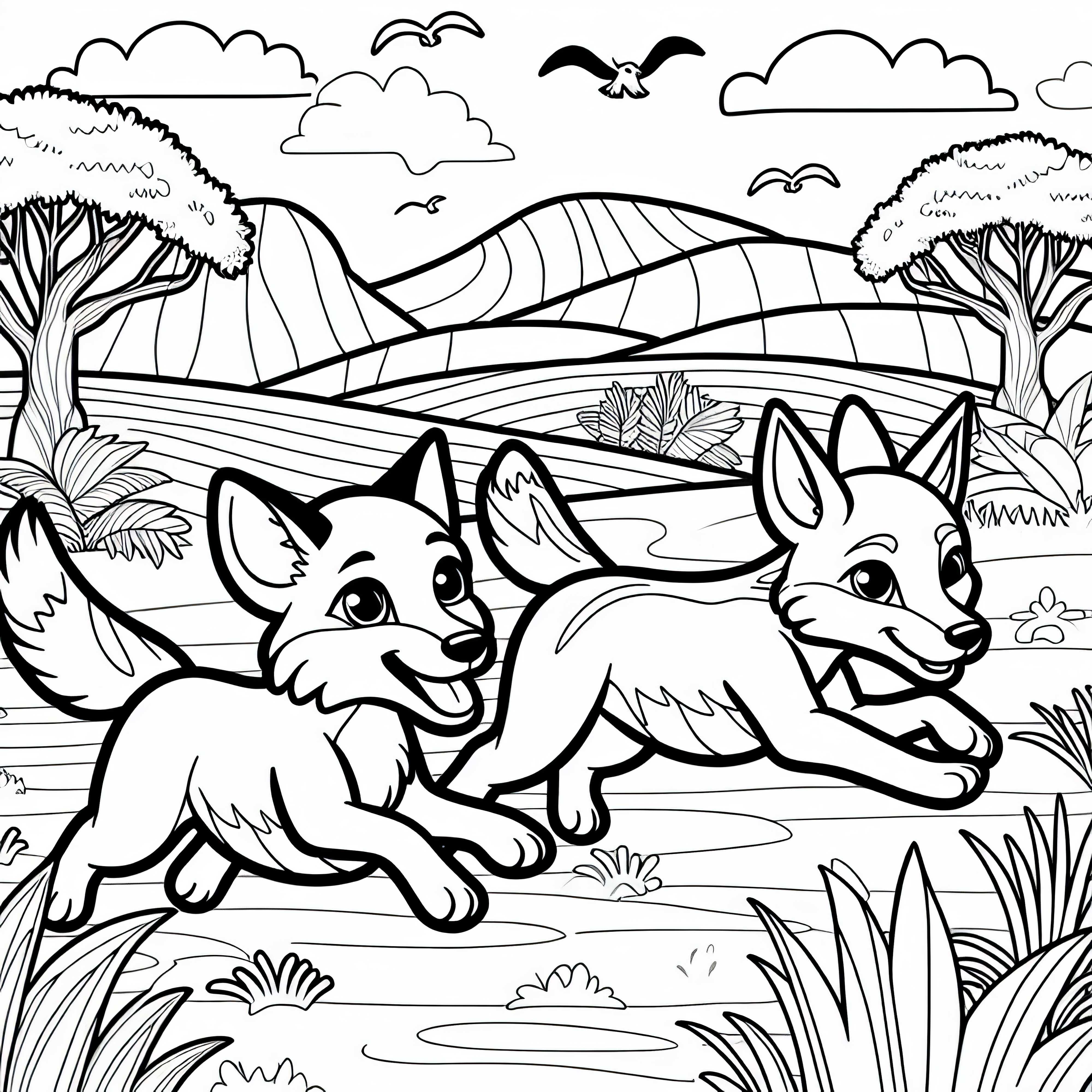 To ting som løper gjennom landskapet – Gratis fargeleggingsbilde To dingos løper gjennom landskapet - Gratis fargeleggingsbilde