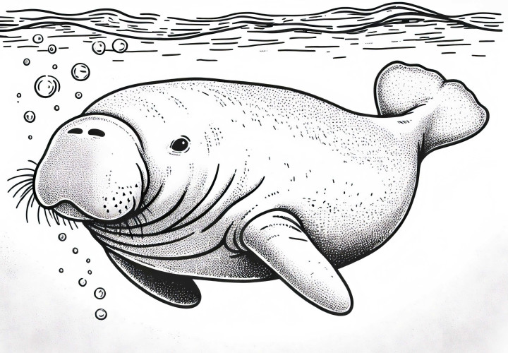 우아한 듀공이 바닷물 속을 헤엄치고 있습니다 - 무료 색칠하기 페이?