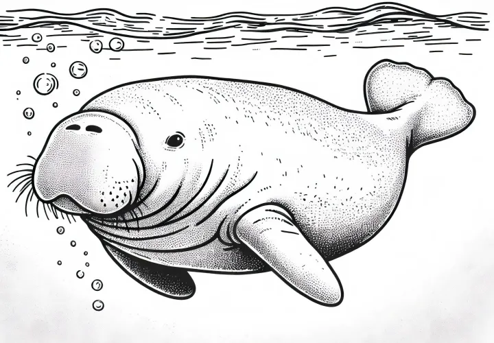 Элегантный дюгонь плавает в морской воде – бесплатная раскраска