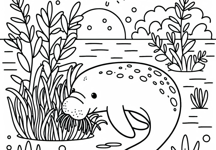 듀공이 바닷바닥의 해초를 먹고 있어요 - 무료 색칠하기 그림