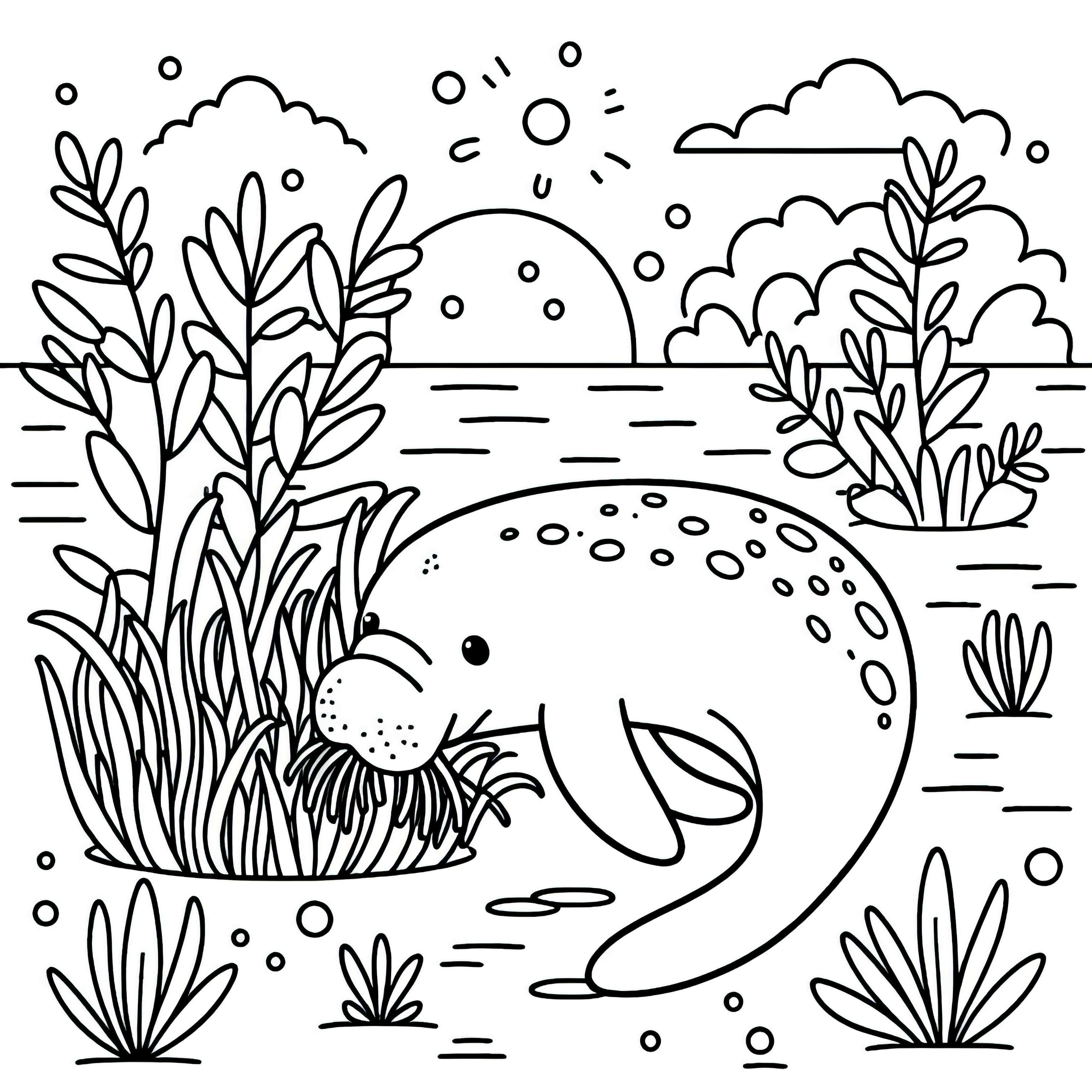 Dugong jí mořské trávy ze dna moře – Omalovánka zdarma