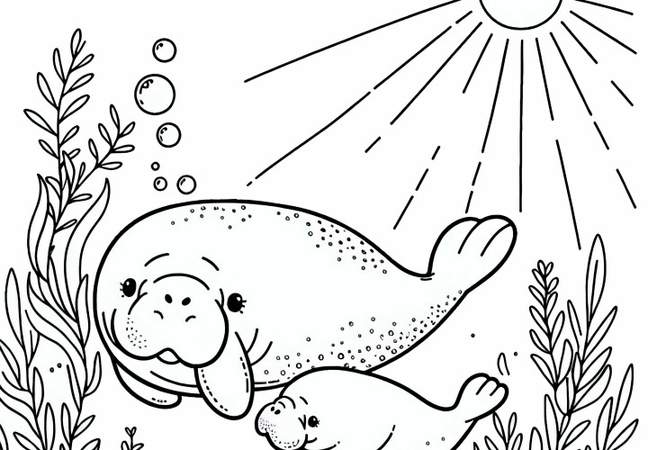 두공 어미가 새끼와 함께 물속을 헤엄친다 – 무료 색칠하기 시트