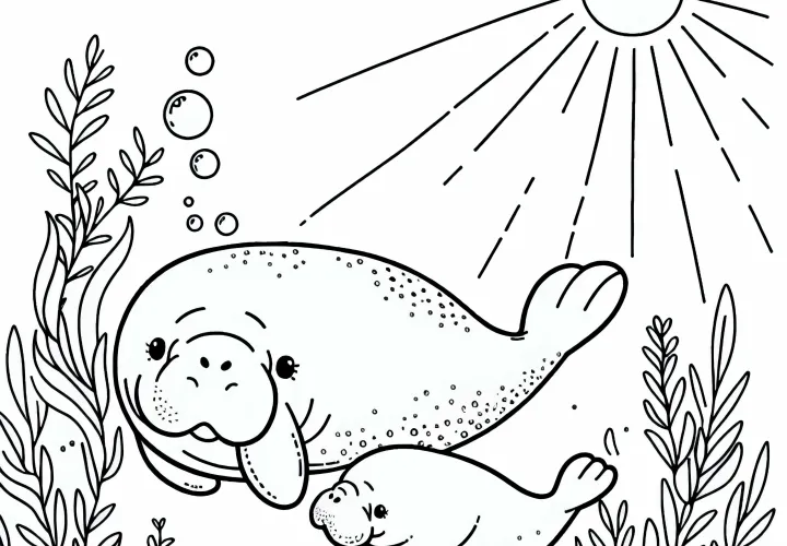Мать-дюгонь плавает с своим детенышем в воде – бесплатная раскраска