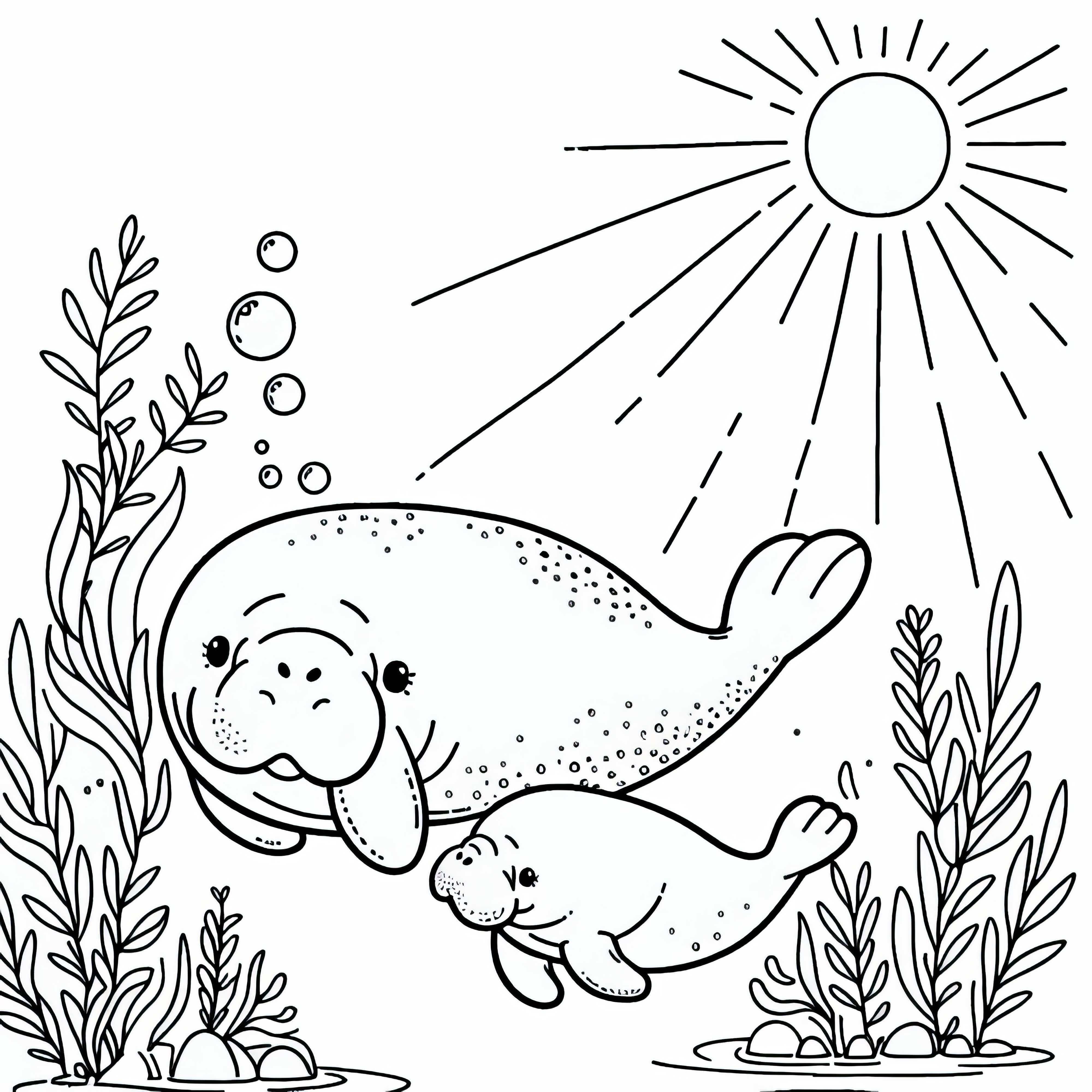 ジュゴンの母親が子供と一緒に水中を泳いでいます - 無料ぬりえ ジュゴンの母が子供と一緒に水中を泳いでいる – 無料の塗り絵