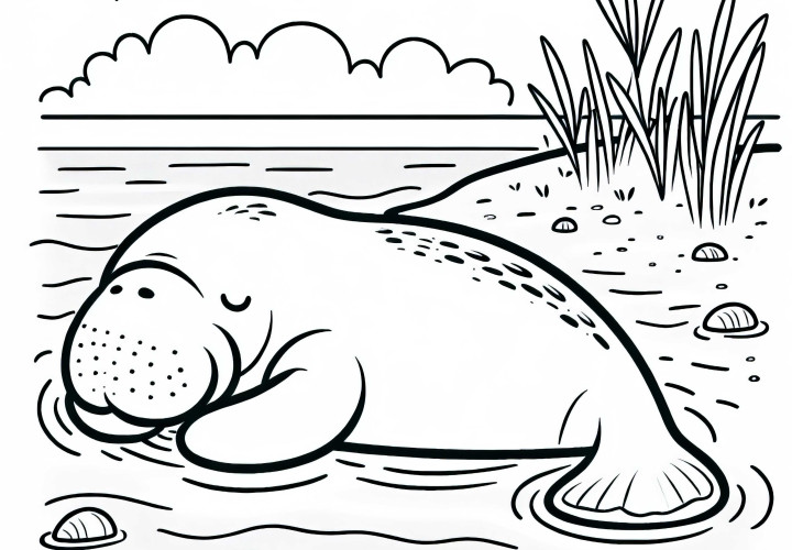 두공이 얕은 물에서 평화롭게 쉬고 있습니다 - 무료 색칠하기 도안
