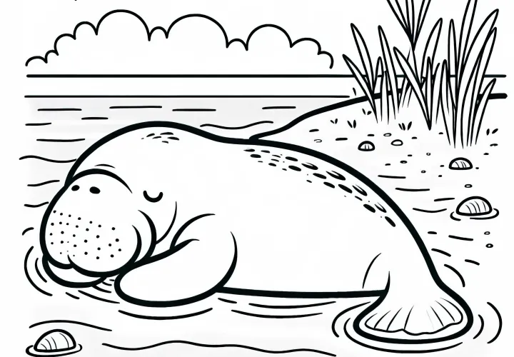 Дюгонь мирно отдыхает в мелкой воде – бесплатный контур для раскрашивания