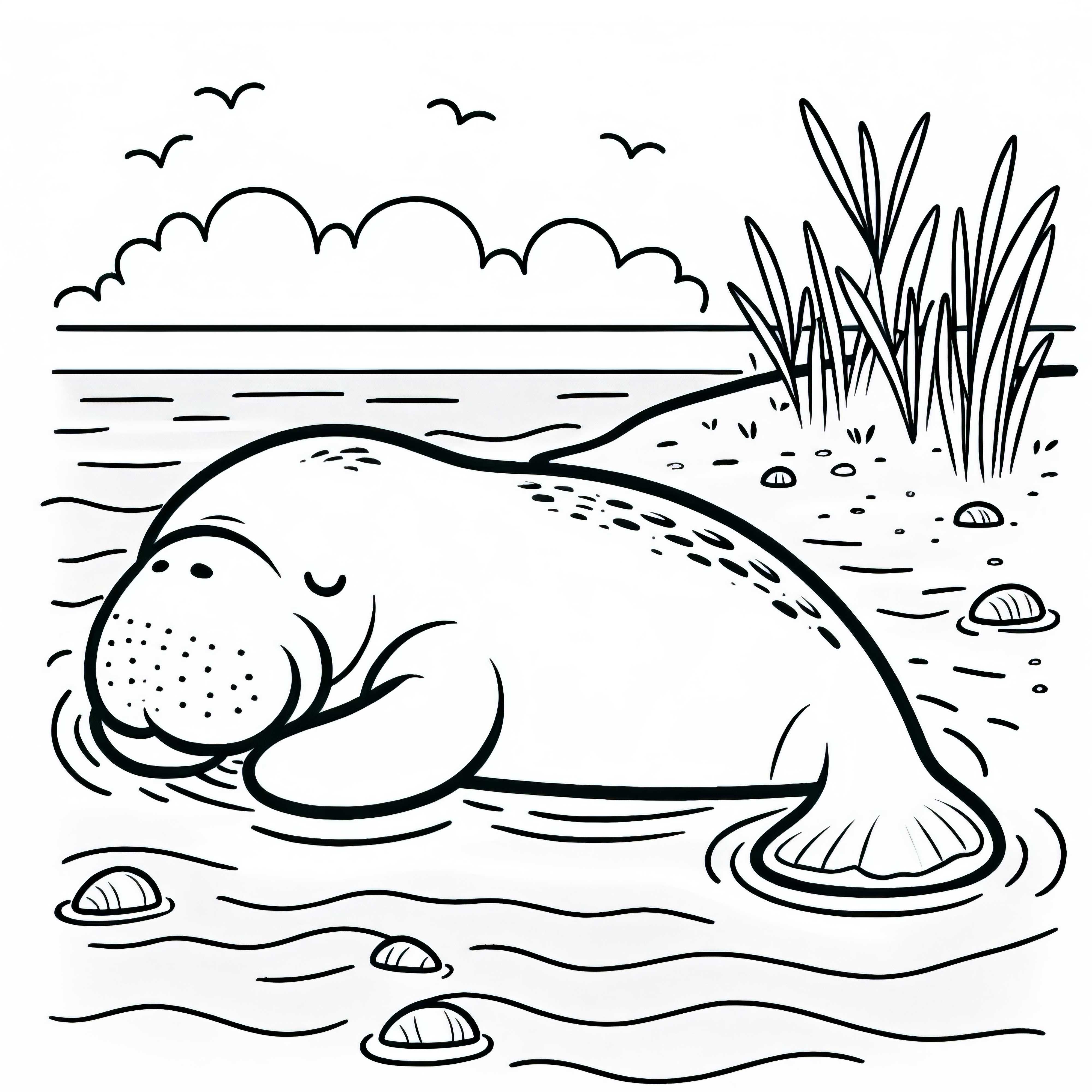 ジュゴンが浅い水の中で静かに休んでいます - 無料の塗り絵 ジュゴンが浅い水の中で平和に休んでいます - 無料の塗り絵