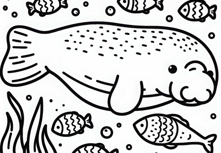 두공은 작은 물고기와 함께합니다 - 무료로 간단한 색칠하기 도안