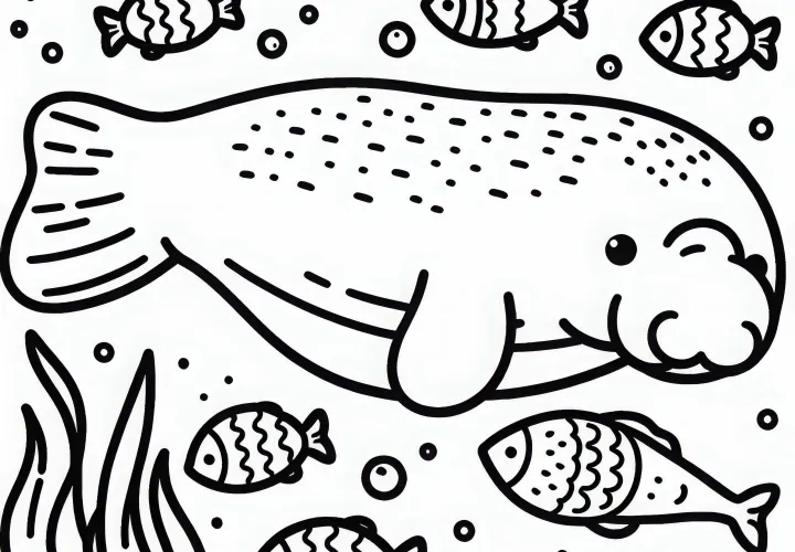 Дюгонг сопровождается маленькими рыбами – простая раскраска бесплатно