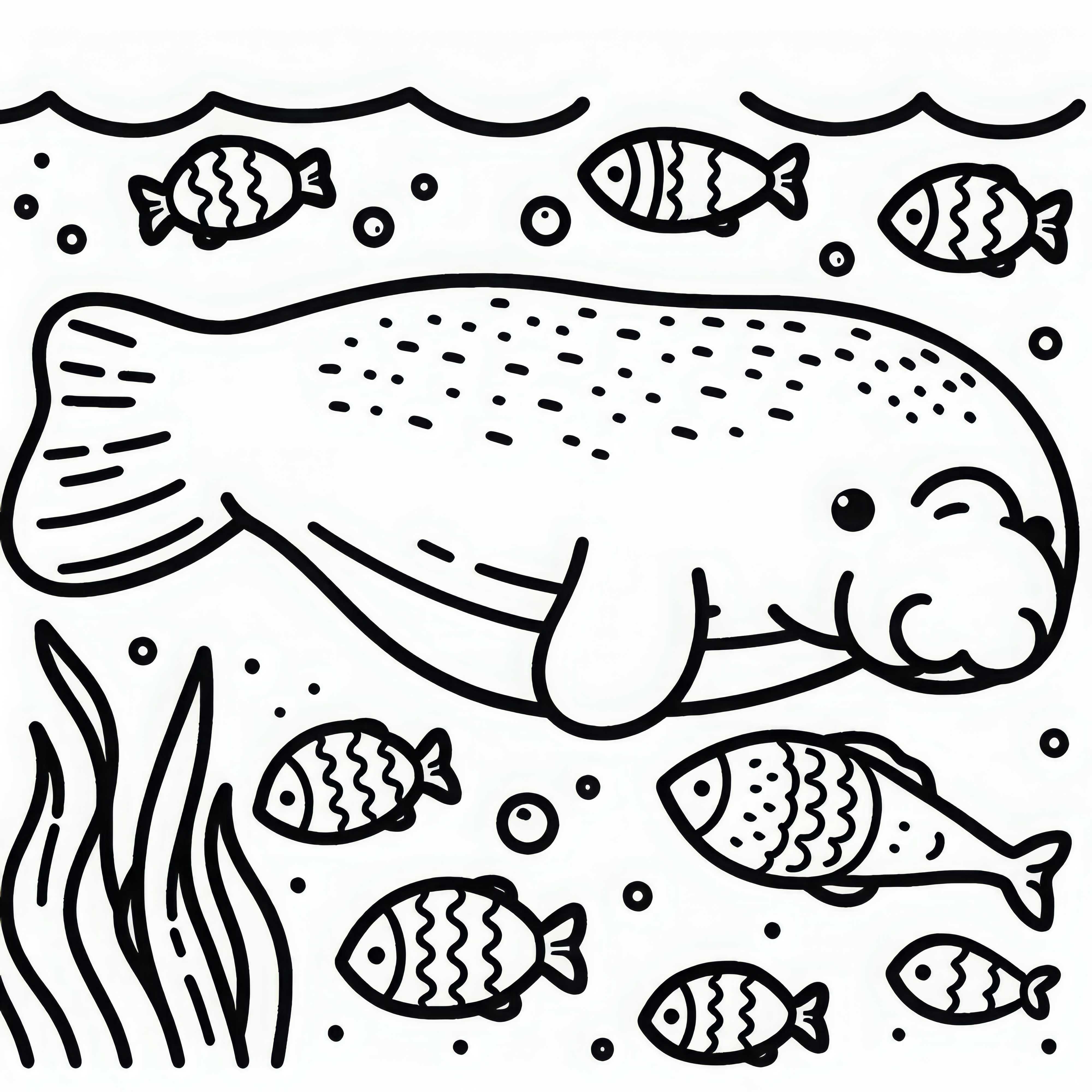 Dugong is accompanied by small fish - coloring page simple free Dugong is accompanied by small fish – Coloring page simple free
