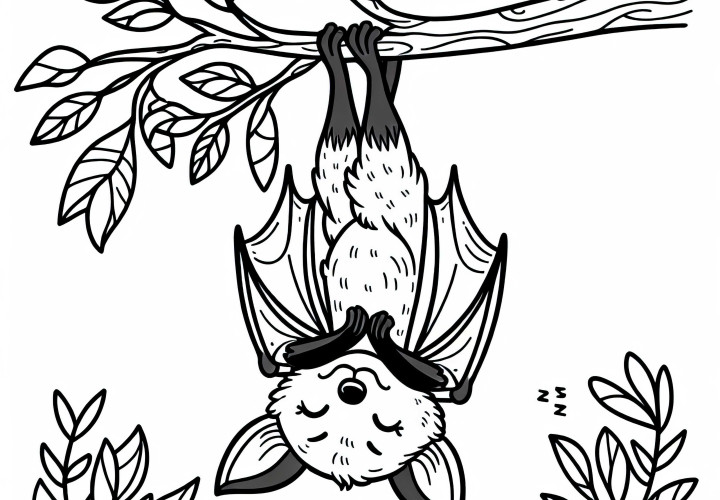Fruit bat hanging upside down on a branch and sleeping – Coloring page to print