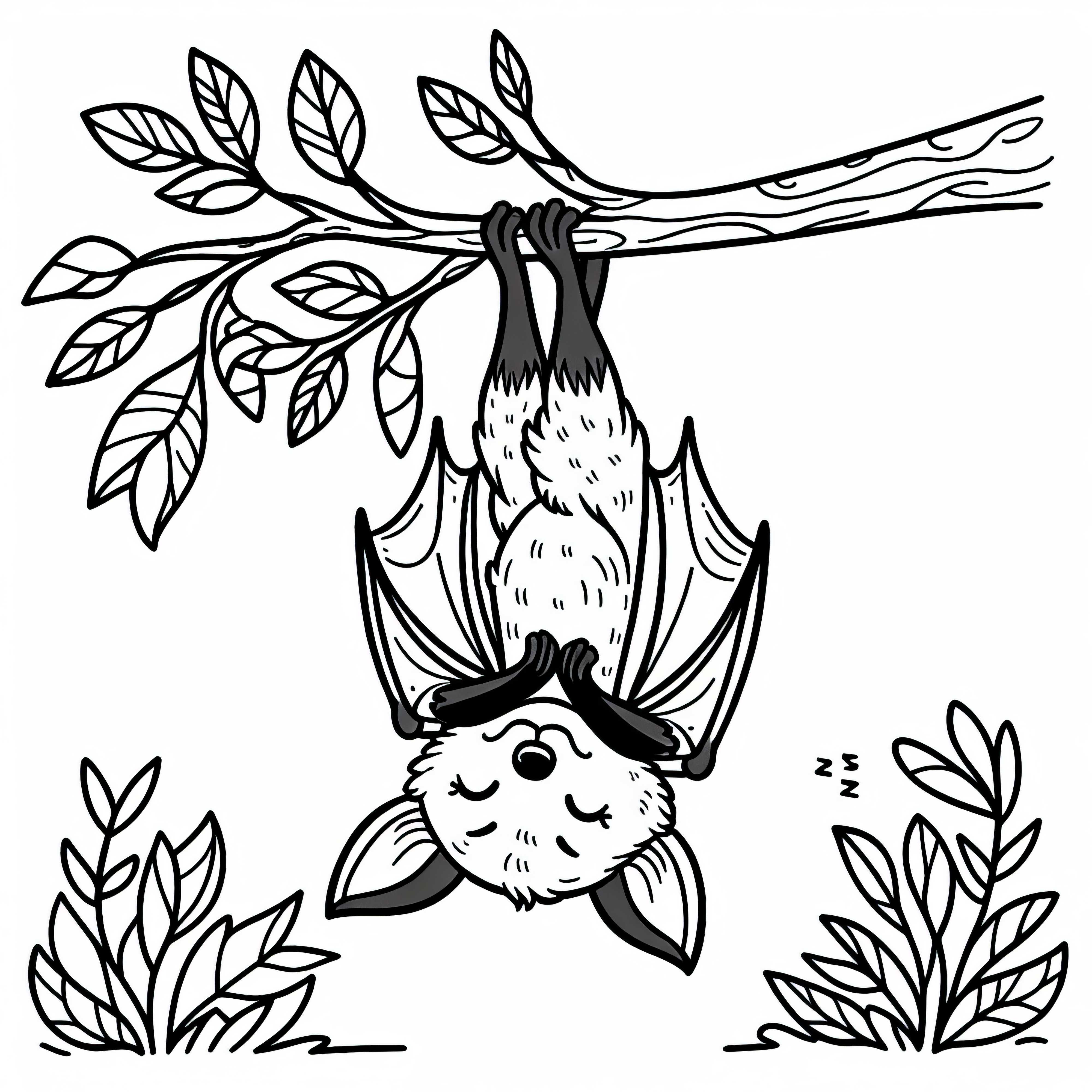 La chauve-souris suspendue tête en bas à la branche et qui dort – Dessin à imprimer Un chauve-souris suspendue la tête en bas à une branche et dormant – Image à colorier à imprimer