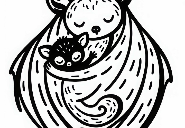 Fruit bat pup snuggles in its mother's wings – Free coloring page