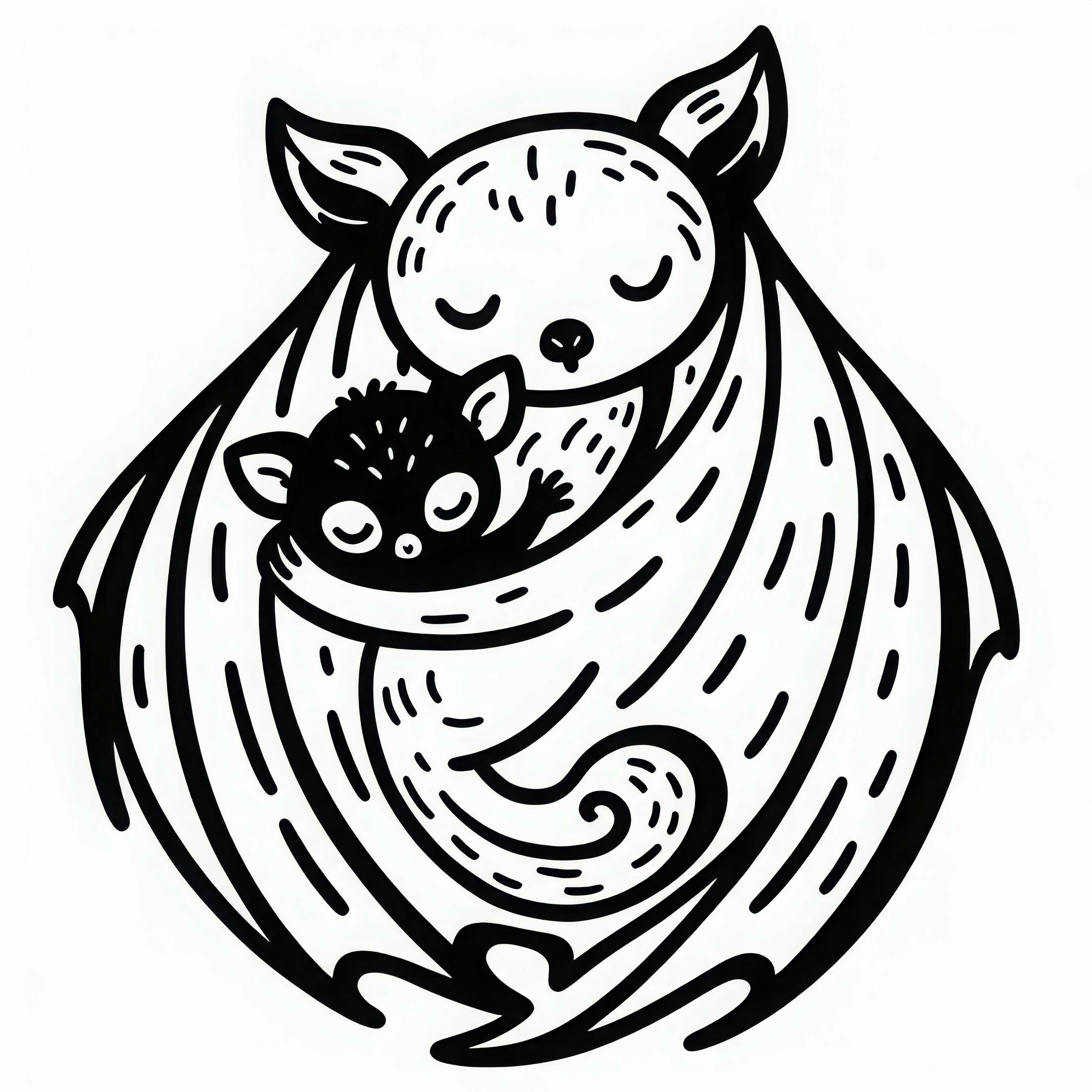 Mládě létajícího psa se tulí do křídel své matky – obrázek k vybarvení zdarma